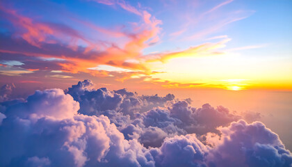 Aerial View of Serene Sunset Above a Sea of Clouds:  Vibrant Colors, Peaceful Mood, Dramatic Sky.