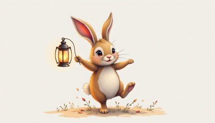 playful art depicting a rabbit with lantern balancing on one foot with pastel tones palette on a clean white background, subject not filling the frame.