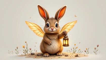 a cute digital painting of a rabbit with lantern with glowing wings in muted earth colors, isolated on a white background with plenty of negative space.