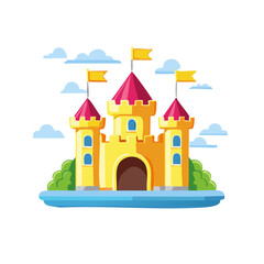 Colorful cartoon castle with flags and clouds on a blue platform