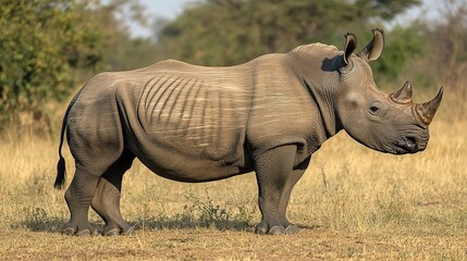 Obraz premium A rhinoceros stands in a grassy field with trees in the background.