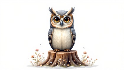 whimsical illustration depicting a owl wearing glasses sitting on a stump with frosty silver and gold palette on a clean white background, subject not filling the frame.