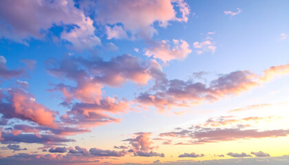 Serene Pastel Sunset Sky: Soft Pink and Blue Cloudscape, Dreamy Atmospheric Background, Peaceful Evening Panorama.
