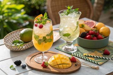Cold homemade lemonade cocktail, mojito with mango slices, ice and fruits on sunny table