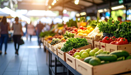 Fresh vegetables and fruits displayed at outdoor market stall with vibrant colors and natural lighting, creating lively and inviting atmosphere for shoppers