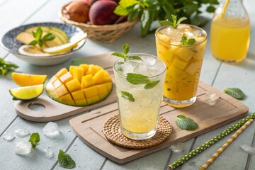 Fototapeta premium Cold homemade lemonade cocktail, mojito with mango slices, ice and fruits on sunny table