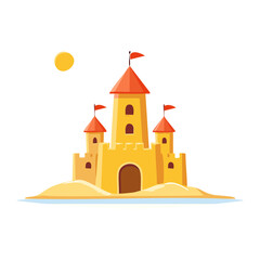 A sunny yellow sandcastle with red flags and towers stands on a sandy shore under a bright sun.