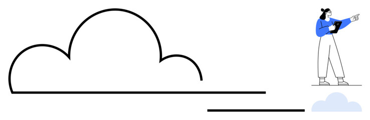 Person standing on a small cloud holding a tablet and pointing toward a large outlined cloud. Ideal for creativity, innovation, technology, digital transformation, cloud computing, futuristic