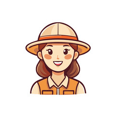 Cute cartoon illustration of a smiling female explorer in a safari hat and vest