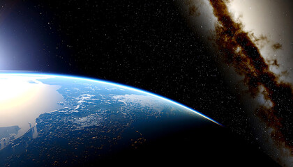 Earthrise over Dark Nebula: Dramatic Space View,  Stunning Celestial Landscape,  High-Resolution Digital Artwork.