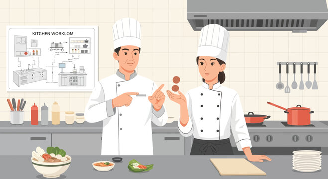 Professional culinary collaboration in a commercial kitchen environment illustration