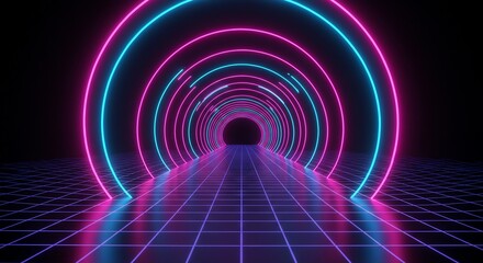 Retrowave Tunnel of Dashed Pink and Cyan Neon Rings into Digital Infinity