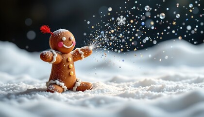 a gingerbread man spreading magic dust painted as a whimsical illustration using frosty silver and gold, centered on a white background leaving ample space around.