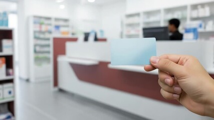 Hand holding a blue card in a pharmacy with shelves and a counter in the blurred background