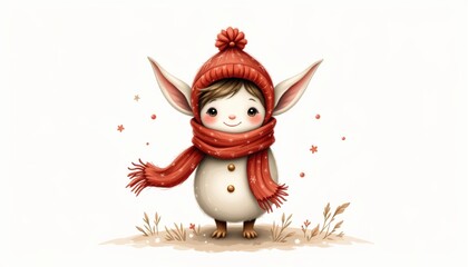 a frost sprite wearing a cozy scarf painted as a whimsical illustration using warm browns and reds, centered on a white background leaving ample space around.