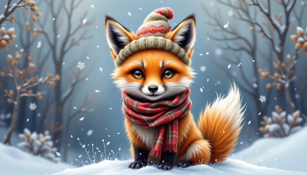 cute digital painting depicting a fox in a scarf wearing a pointed hat with frosty silver and gold palette on a clean white background, subject not filling the frame.