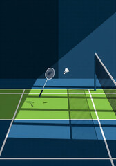 Vibrant Badminton Court Illustration with Racket and Shuttlecock in Mid-Air, Emphasizing Dynamic Sport Action and Energy