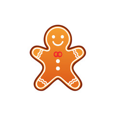 Cute smiling gingerbread man cookie with red bow tie and white icing