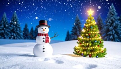 Snowy winter scene with snowman and Christmas tree