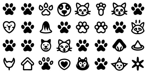 Assortment of Pet and Animal Paw Print Icons in Black Outline vector illustration