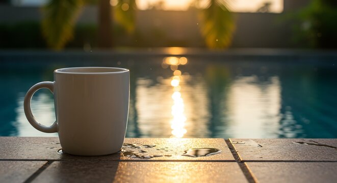 Tranquil Coffee Moment by a Pool with Golden Sunset Reflections - Powered by Adobe