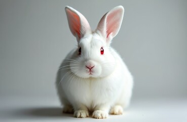 Obraz premium Minimalist portrait of albino rabbit with striking red eyes, soft white fur. Isolated on clean, simple background, rare animal offers delicate, elegant, calm expression. Fluffy appearance, gentle