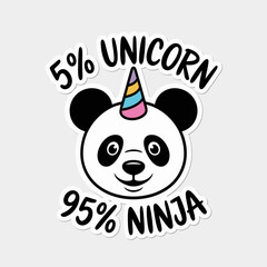 5 unicorn 95 ninja panda sticker isolated on white background, a cute and funny cartoon character that is a hybrid of a panda, unicorn, and ninja