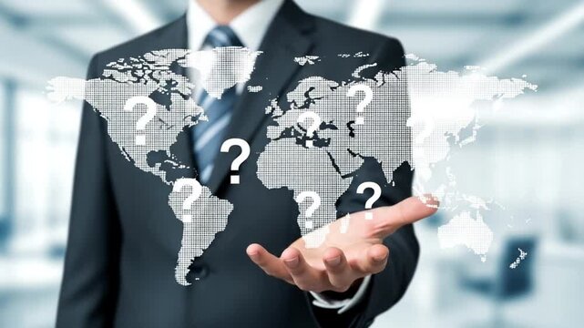 A businessman holding a world map with question marks over it in a modern office setting view image