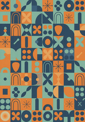 Retro geometric mosaic pattern with abstract shapes and mid-century modern style