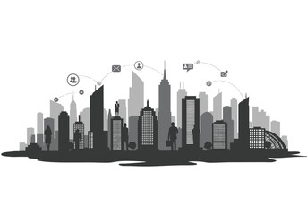 Naklejka premium City Skyline with Digital Connectivity Illustration, Modern Design, Metropolitan Environment, Creative Perspective