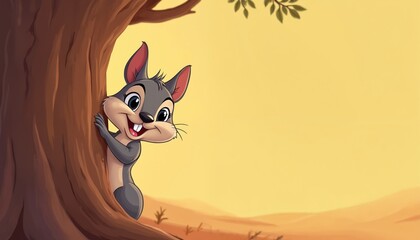 Obraz premium Cute cartoon squirrel peeks from behind tree trunk in warm desert landscape. Adorable fluffy rodent with big eyes, teeth, happy expression. Digital art illustration perfect for children books,
