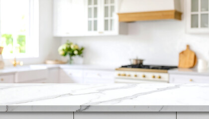 Clean White Marble Kitchen Countertop Mockup: Bright, Airy, Modern Design, Blurred Background, Perfect for Product Placement or Food Photography.