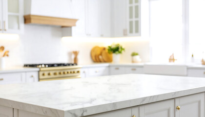 Bright White Marble Kitchen Island Countertop; Soft, Clean, Modern Design; Blurred Luxury Background.