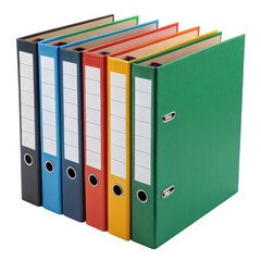 A colorful row of office ring binders standing upright isolated on a transparent background isolated on transparent background