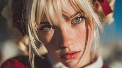 Close-up portrait of a captivating woman with intense gaze