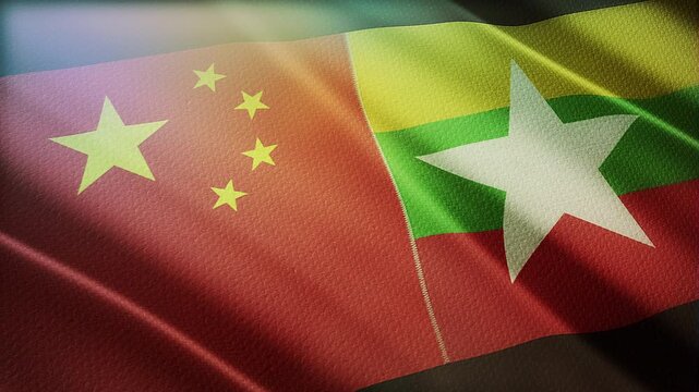 The diagonal and stitched-aligned combined China and Myanmar flags are waving in the wind. Concept of Strategic negotiation, national relationship, Conflict, and War. 