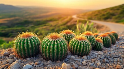 Cactus plants line a path with hills and a sunset in the background.