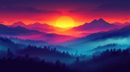Mountains and forest landscape with a vibrant sunset or sunrise sky.