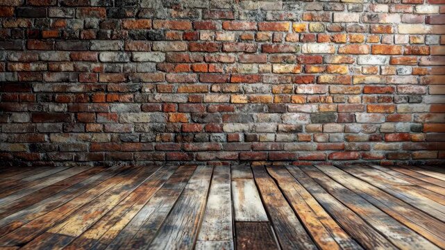 A rustic brick wall with wooden floorboards, creating a cozy atmosphere for interior design
