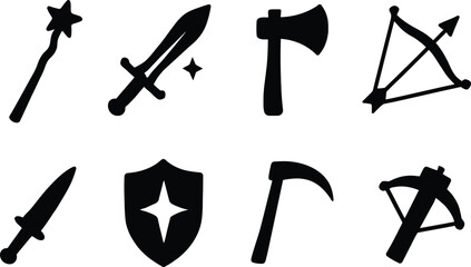Iconic medieval fantasy weapons and armor collection, including a magic wand, sword, axe, bow, dagger, shield, scythe, and crossbow, perfect for game design or historical illustrations.