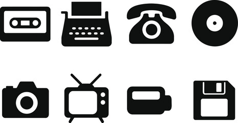Retro Technology Icons Cassette Tape, Typewriter, Rotary Phone, Vinyl Record, Camera, Television, Camcorder, Floppy Disk - A Collection of Vintage Media Devices