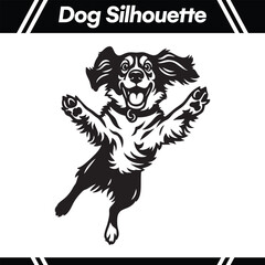 Black and white dog silhouette, a happy canine jumping with its paws outstretched, smiling.