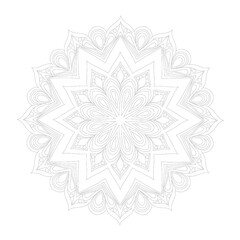 Intricate Circular Mandala Design with Geometric Patterns and Floral Motifs, Featuring Symmetry and Detailed Line Art on a White Background