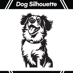 A black and white silhouette of a happy, long-haired dog with its tongue out, looking upwards.