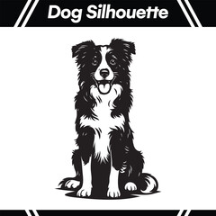 Detailed black and white silhouette of a sitting Border Collie dog with a happy expression, isolated on a white background.