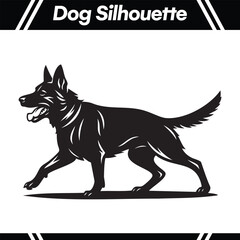 Black silhouette of a German Shepherd dog walking with its mouth open, isolated on a white background, vector illustration.