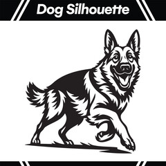 Black and white dog silhouette, a German Shepherd, running with a happy expression.
