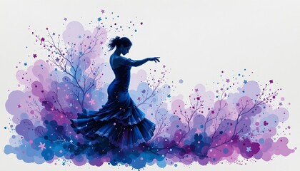 Obraz premium a flamenco performer portrayed in silhouette watercolor with cool blues and purples on white, subject centered with room around.