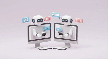 Two Cartoon Robots Chatting on Computer Screens with Speech Bubbles.
