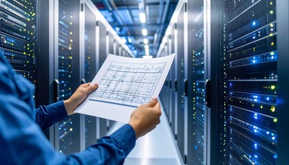 Technician reviewing server room blueprints